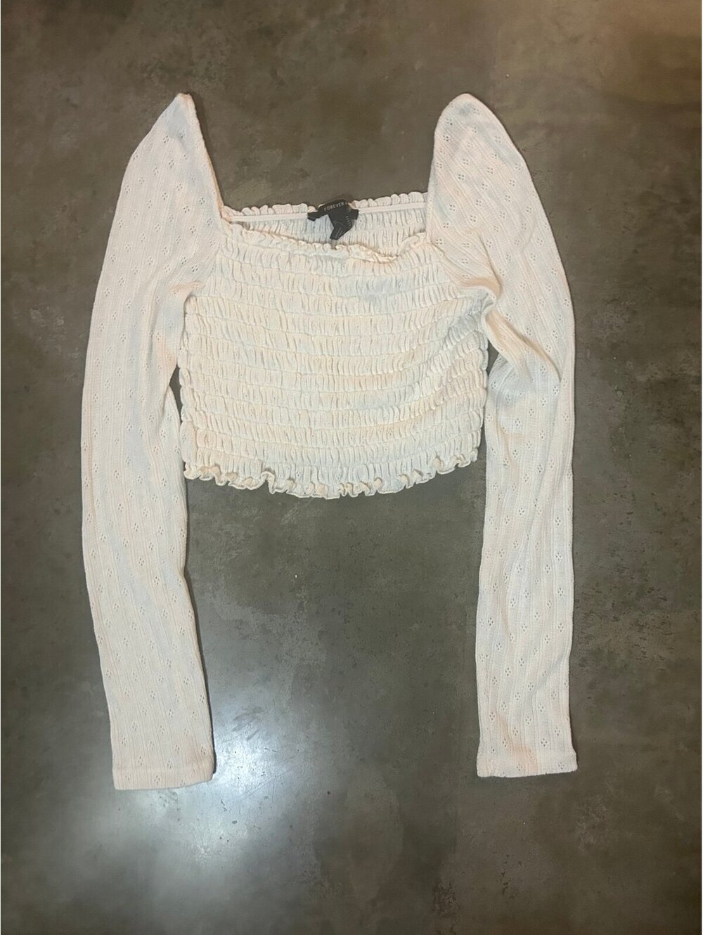 White Smocked Square Neck Long Sleeve Knit Crop Top